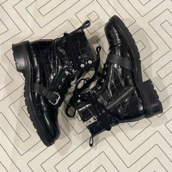 All Saints Embossed Crocodile Black Leather Combat Boots, Size 38 - Picture 6 of 10